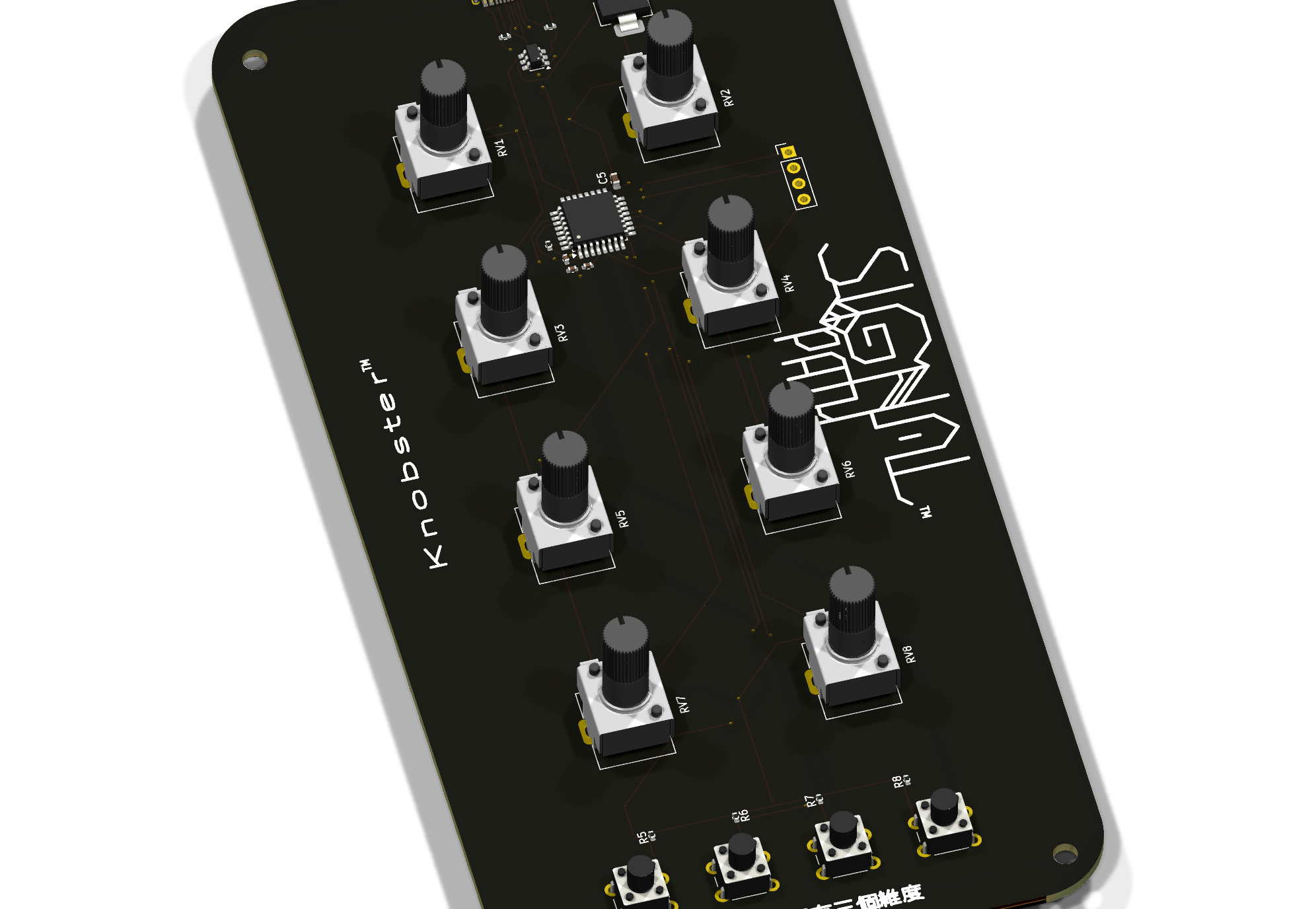 Knobster — bare-board USB MIDI controller, eight knobs and four buttons